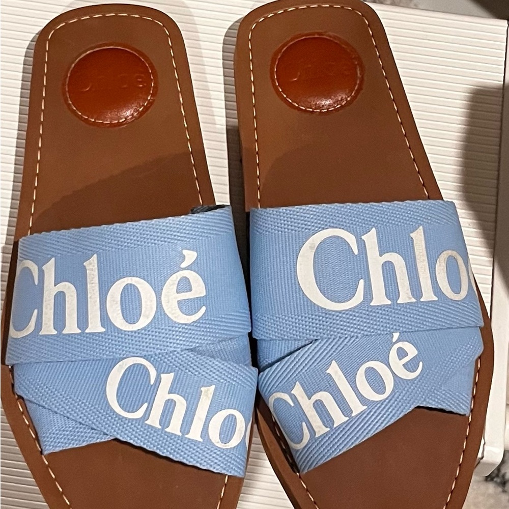 Chloe Light Blue Canvas/Brown Leather Woody Slide Sandals - Picture 3 of 8
